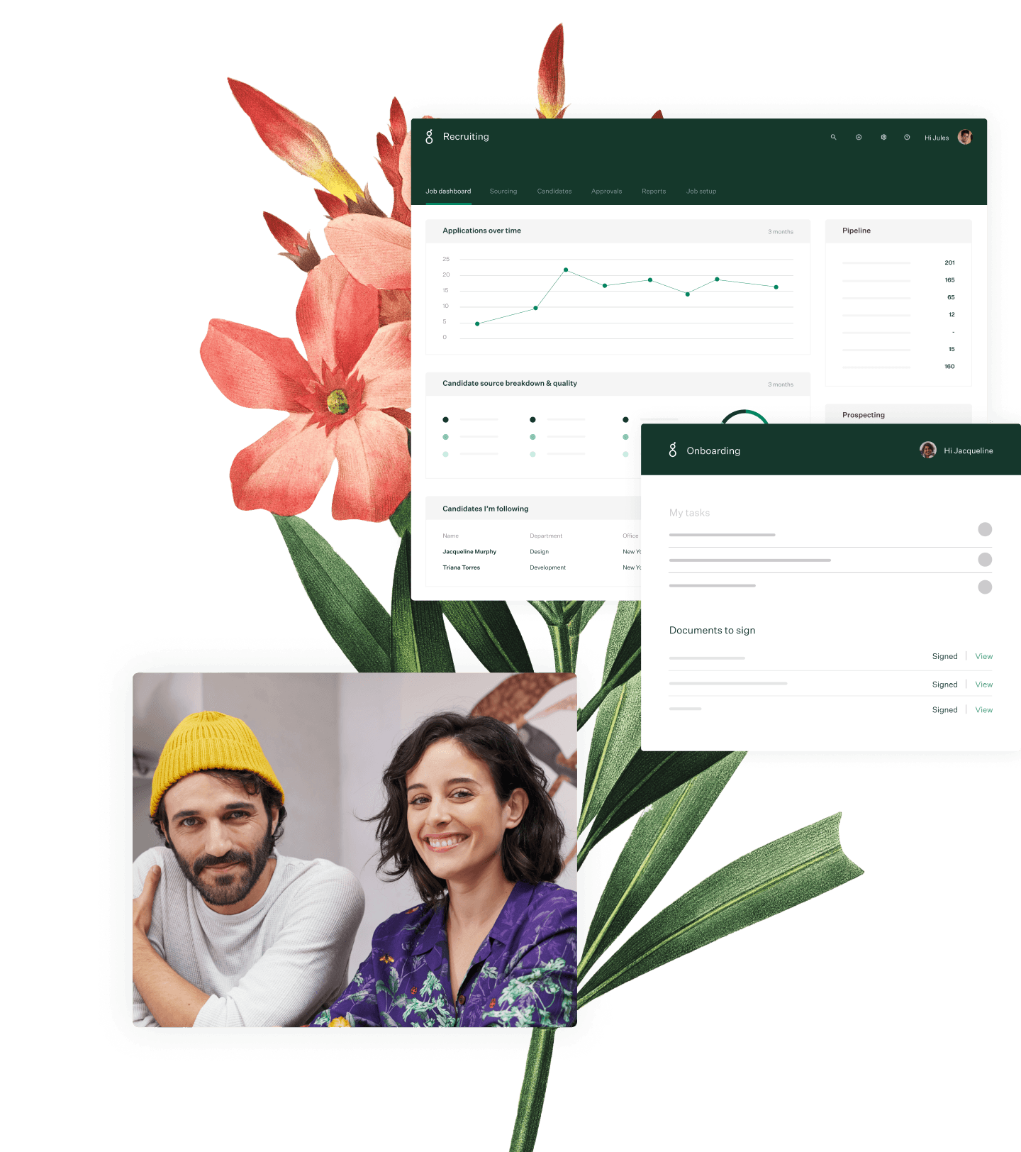About us company with man and women sitting next to each other over a floral and two Greenhouse UI images