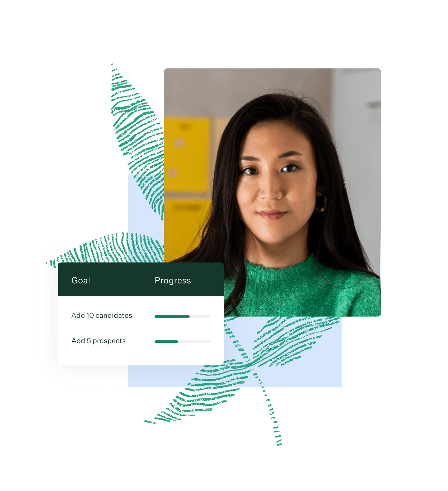 Collage with Goals UI and image of smiling woman wearing green sweater with green fingerprint on blue color block