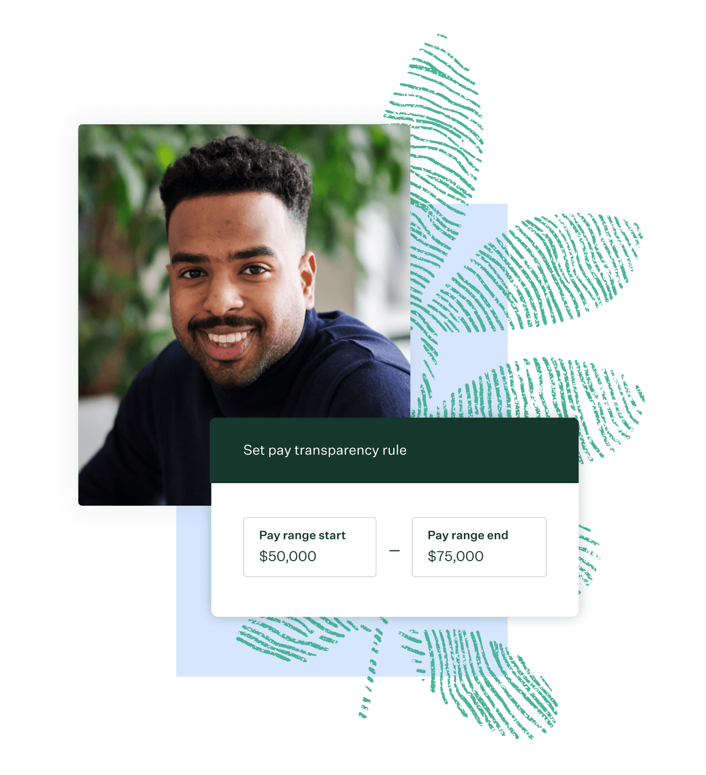 Collage with image of smiling black man and pay transparency UI with green fingerprint on blue color block
