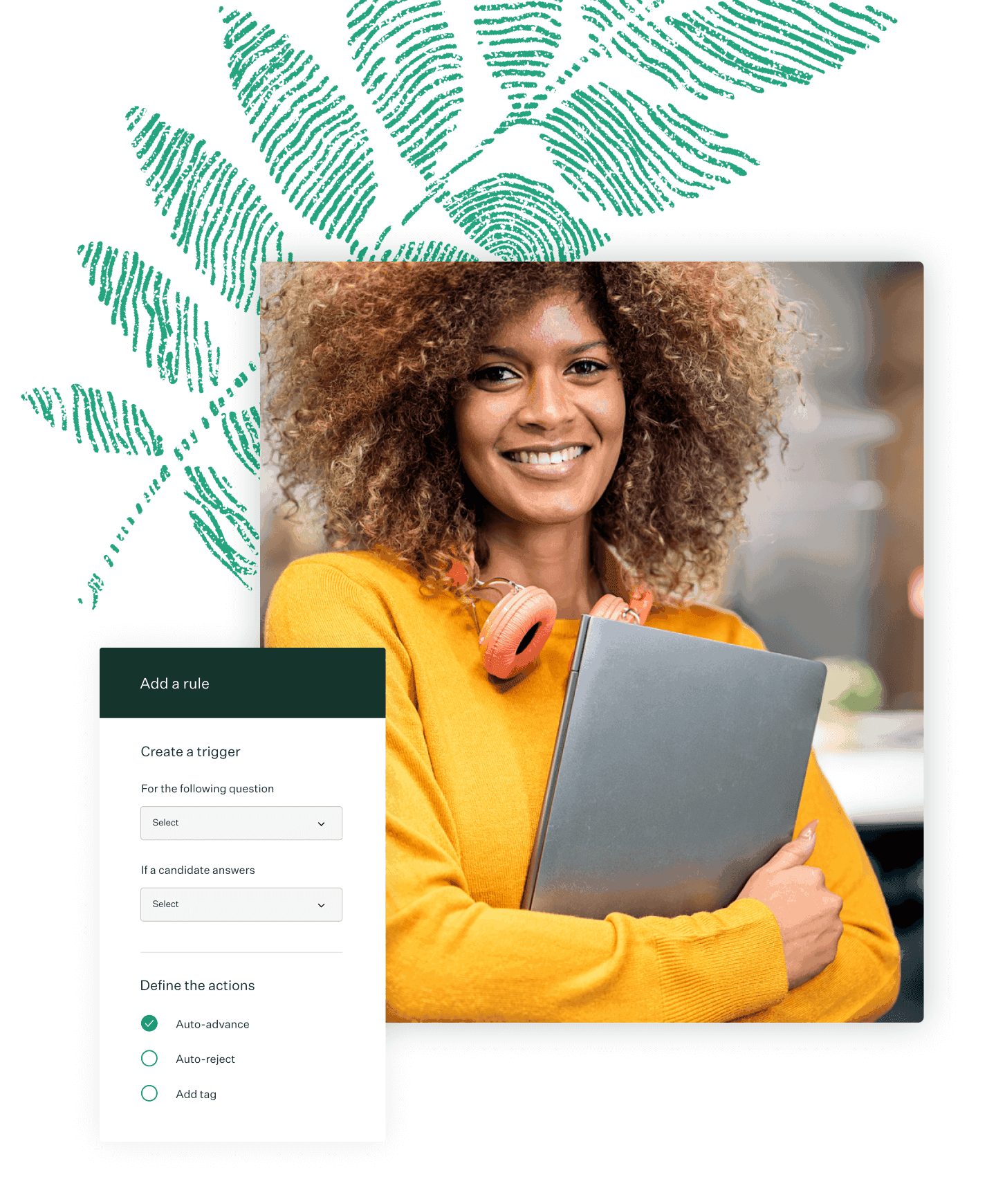 Image with Greenhouse product UI and a photo of a woman holding a laptop