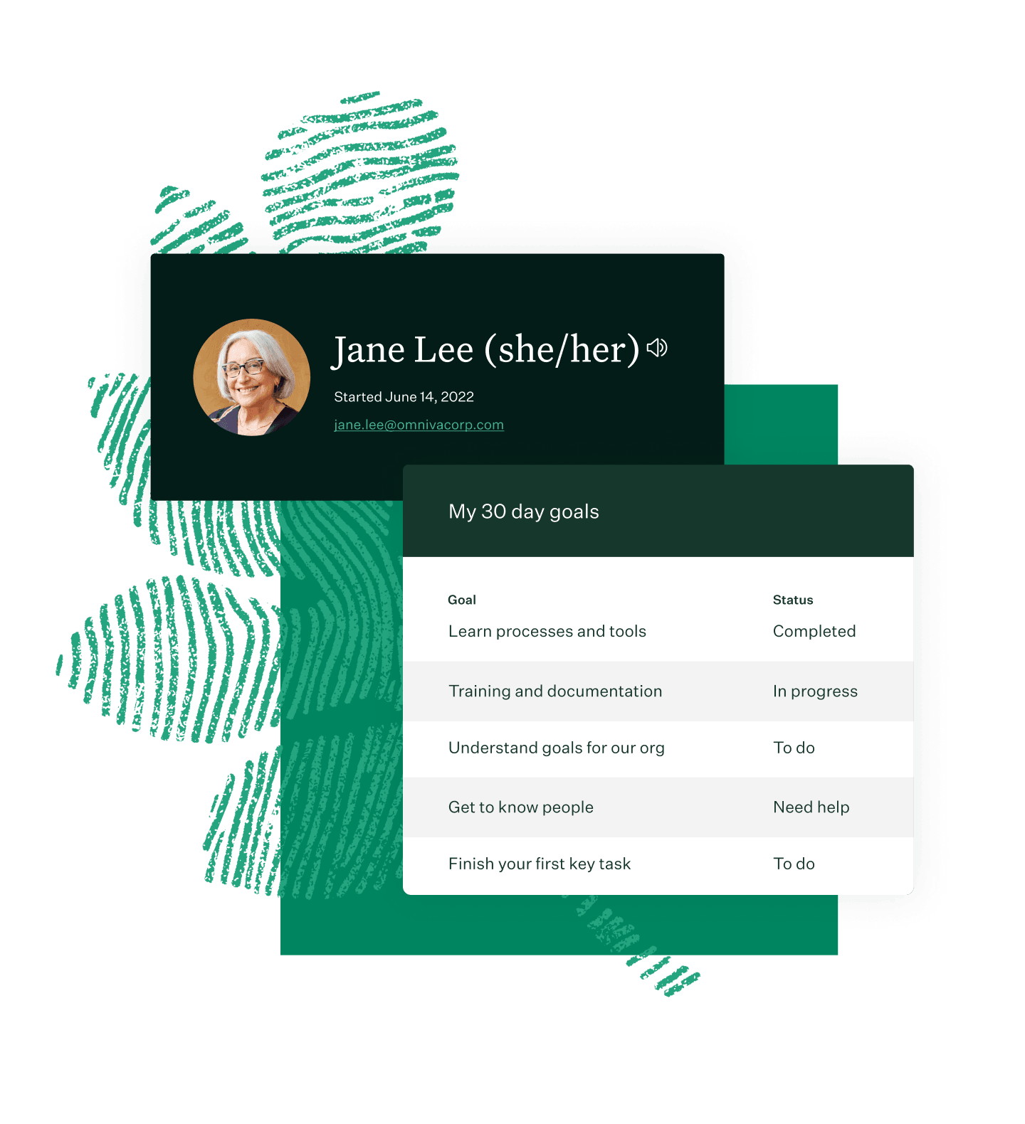 Onboarding name card and 30 day goals UI with green fingerprint on green color block