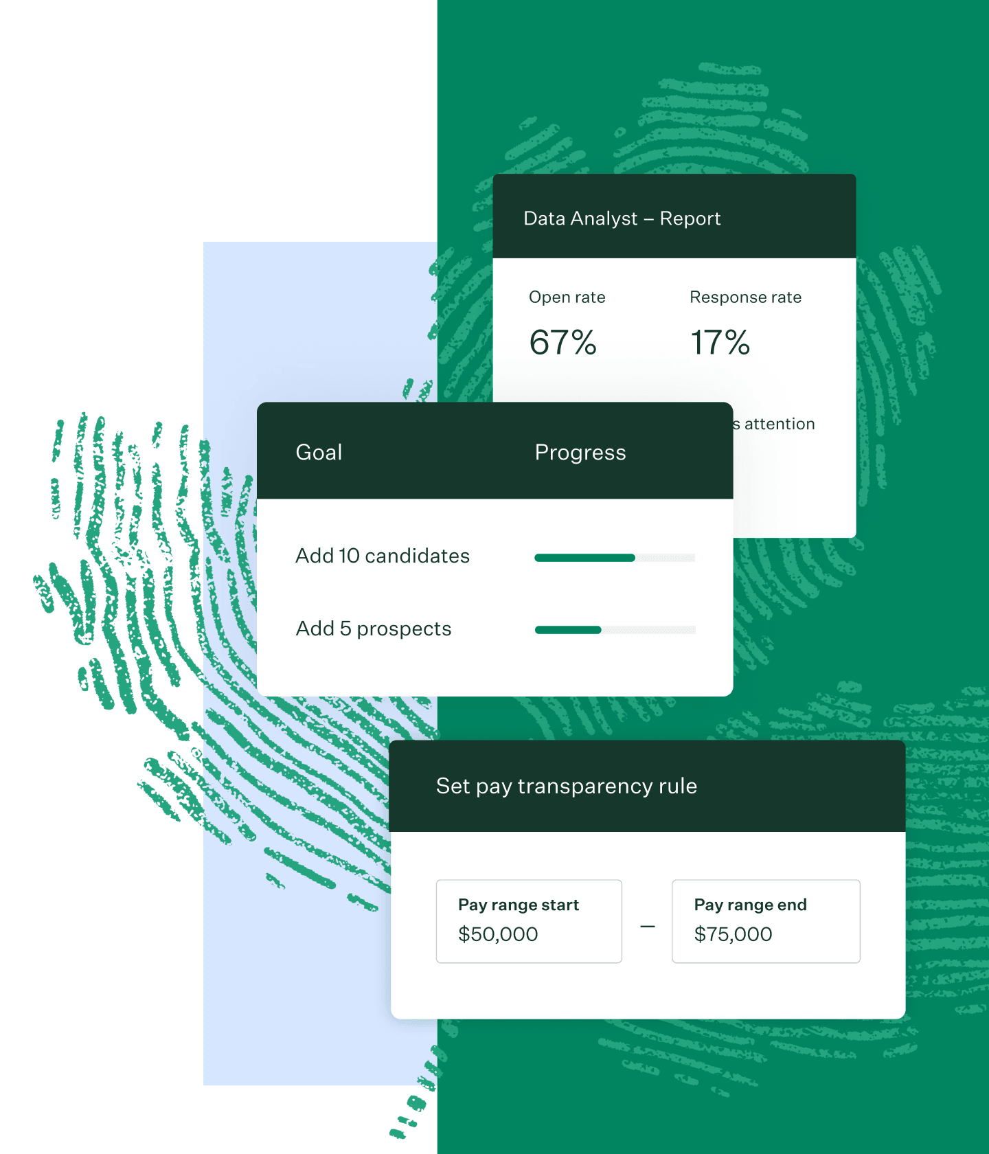 Packaged release UI collage with green fingerprint on blue and green color blocks